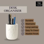 Infographic showing the benefits of the handcrafted concrete pen holder including reusable design, easy maintenance, heavy weighted construction, durable concrete material and long-lasting everyday use.