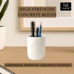 Minimalist handcrafted white concrete pen holder by The Grey Blend for modern office desks and workspaces.