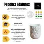 Infographic highlighting the handcrafted concrete pen holder features including handmade craftsmanship, protective cork base, Made in India, durable concrete construction and minimalist design.