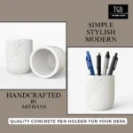 Lifestyle inspiration showing two modern desk setups featuring a handcrafted concrete pen holder with the message "Elevate Your Desk Space" for minimalist home and office workspaces.