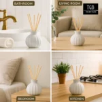 Decorative concrete reed diffuser placed on a modern living room console table